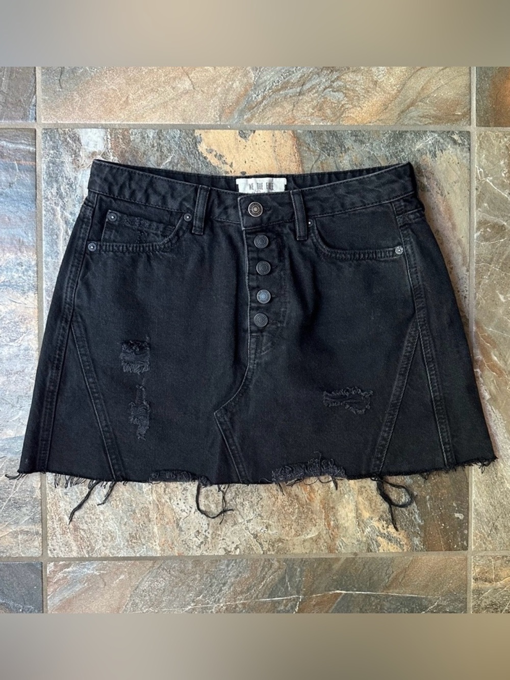 We The Free Black Button Fly Mini Skirt Jean Skirt Size 27 Distressed Casual